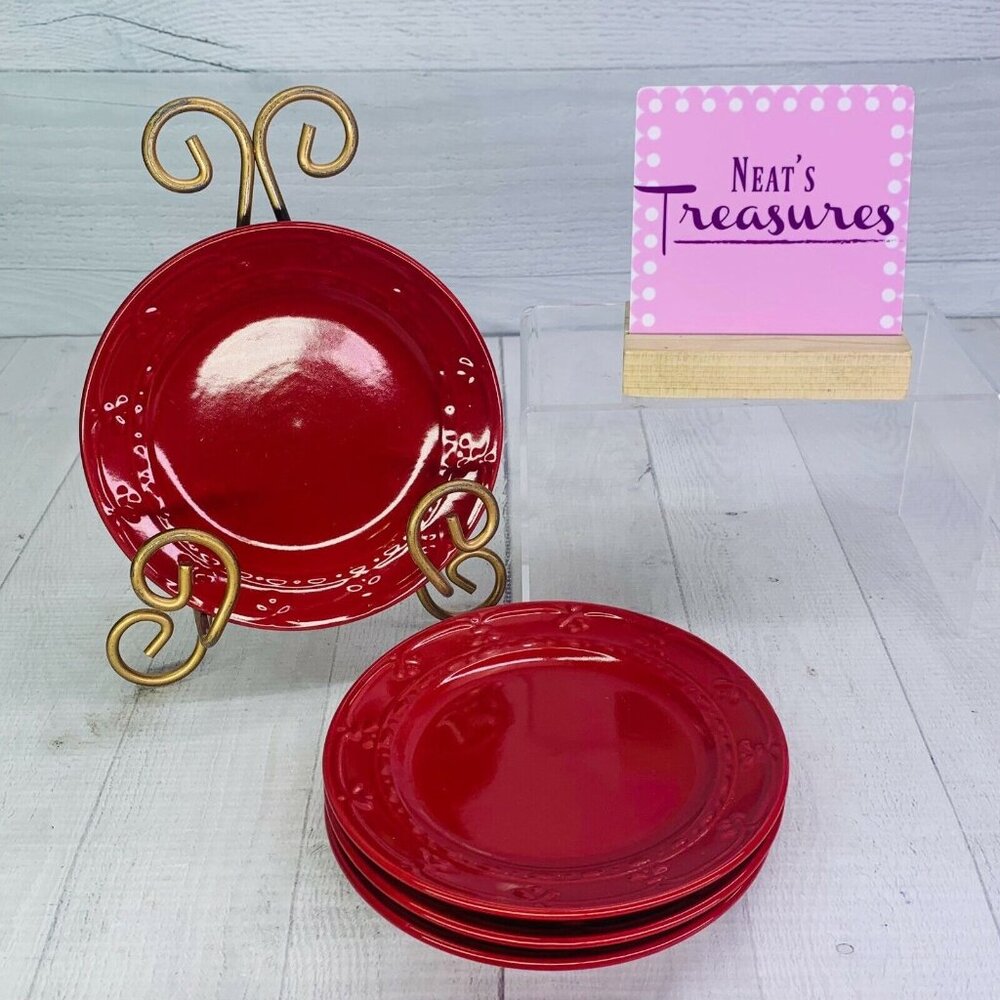 Kennex FIRENZA CINNAMON Embossed Fleur-De-Lis Stoneware Salad Lunch Plates Set 4